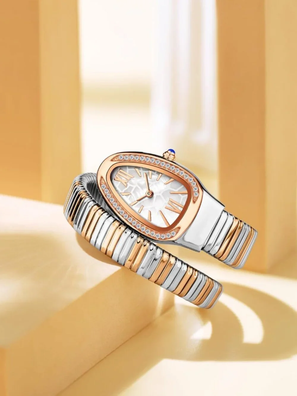Women's Rose Silver White Elegant Wrap Around Bangle Fashion Snake Cuff Watches